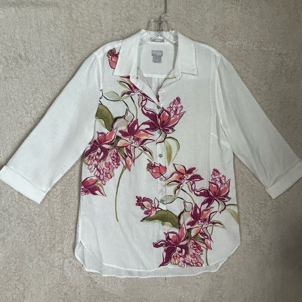 Chico's White Button-Down Shirt with Pink Floral Print